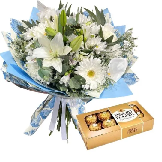 Ramo de flores de estacion blancas y rocher x8